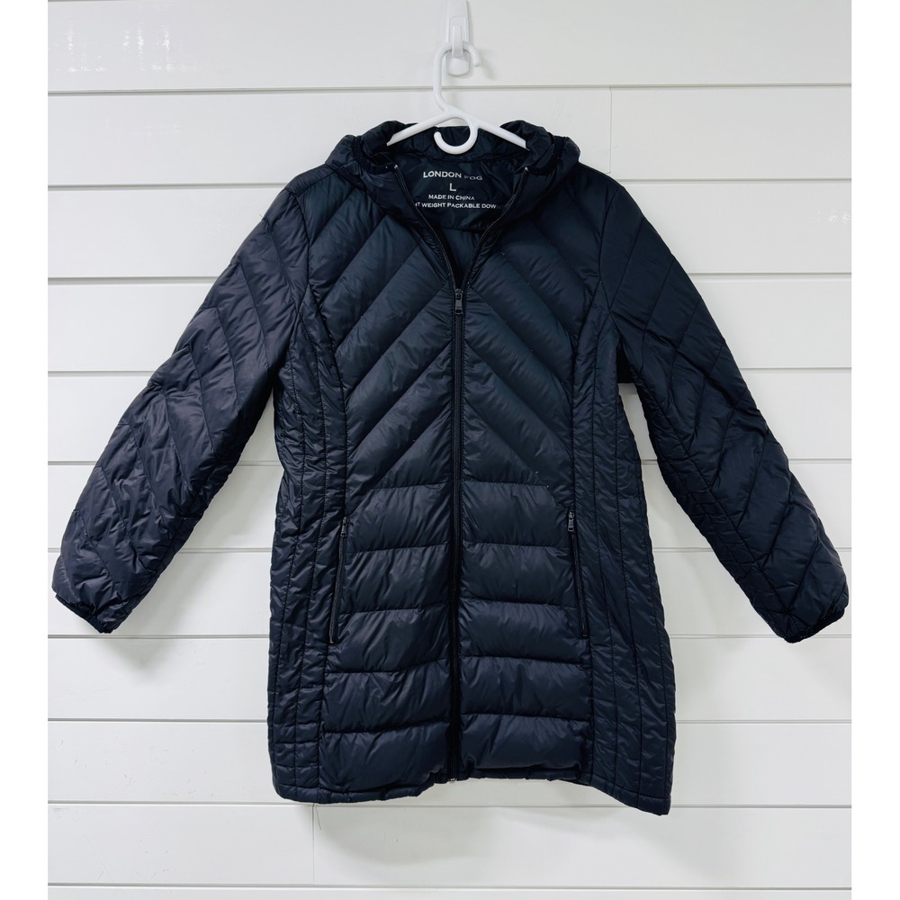 London Fog Womens Black Lightweight Packable Down Puffer Jacket Hooded Large